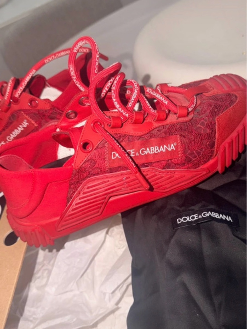 Dolce & Gabbana Red Lace-Panel Chunky Sneakers